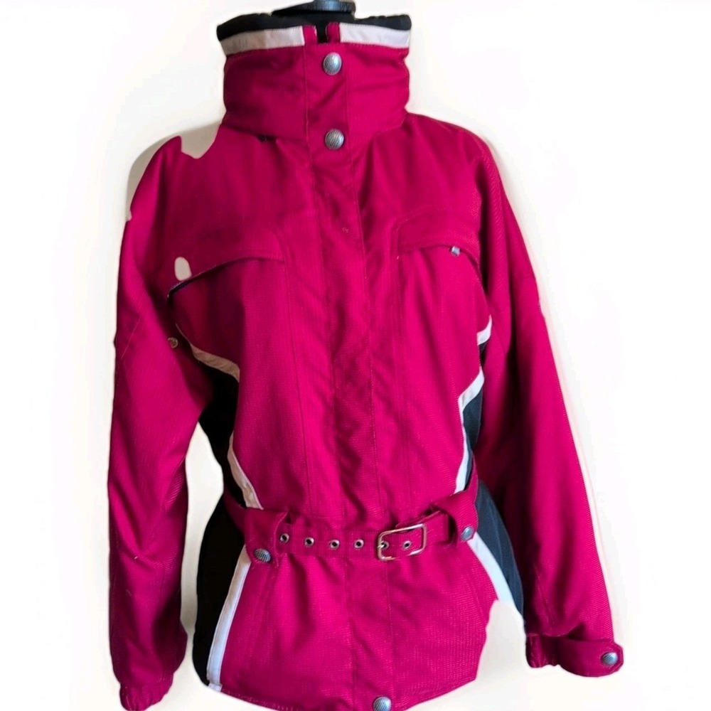 Vntg NILS‎ Ski Wear Team Extreme Red Jacket Hood Belted Zip Snap Womens Sz 10